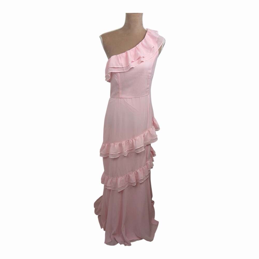Lulus Brilliant Grace Pink Ruffled One Shoulder Maxi Dress Medium Formal Wedding